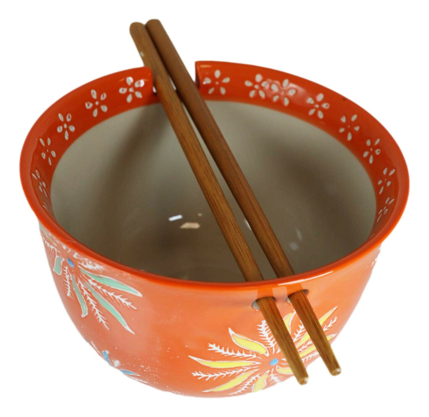 1 Ceramic Ramen Noodles Bowl Chopsticks Set Orange Flower Blossoms EBR02