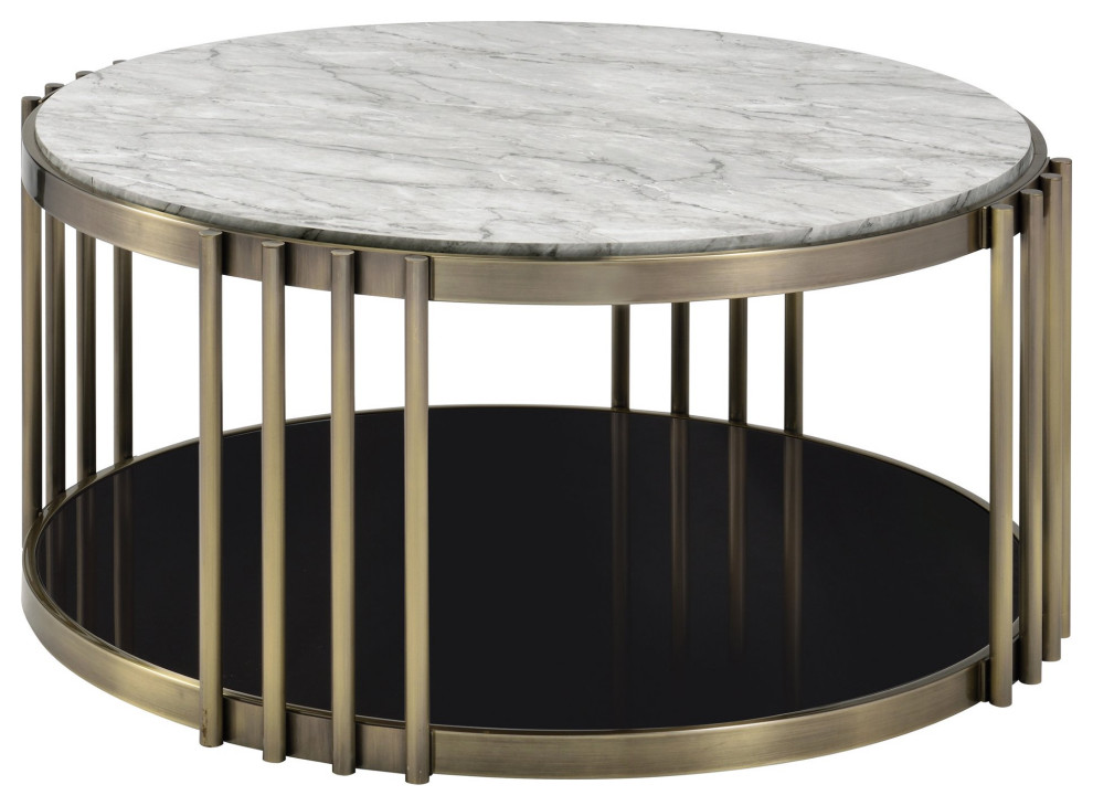 Coffee Table  Antique Brass Metal Frame With Black Glass Shelf  Faux Marble Top   Contemporary   Coffee Tables   by Declusia  Houzz