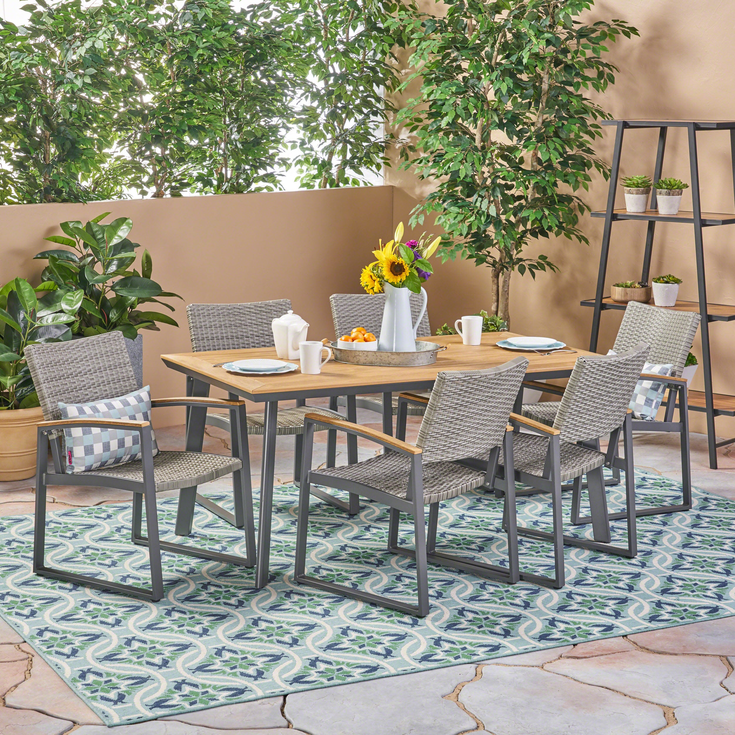 Loren Outdoor 7 Piece Aluminum Dining Set with Wicker Chairs