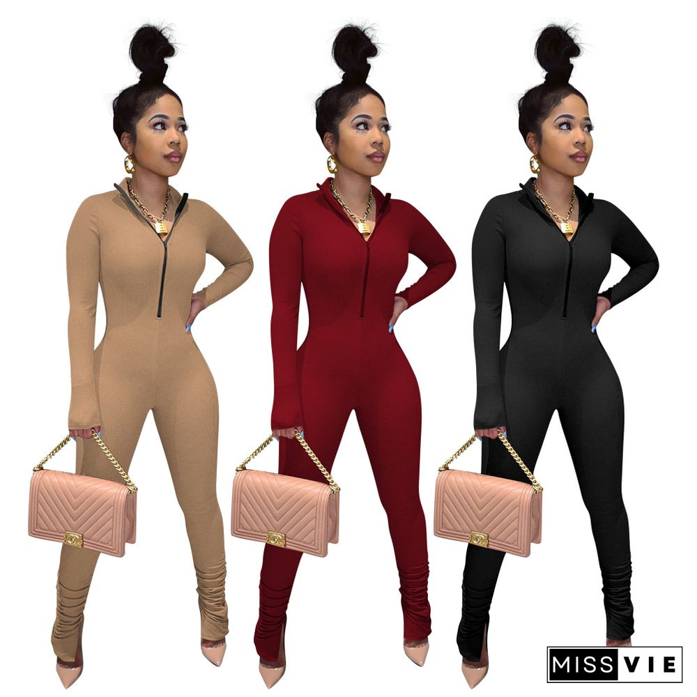 New Solid Color High Stretch Zipper Jumpsuit