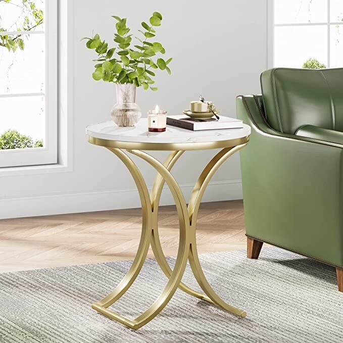 White/ Gold Modern Round End Side accent Table with Faux Marble Top， C Shaped Gold Legs Entryway Tables