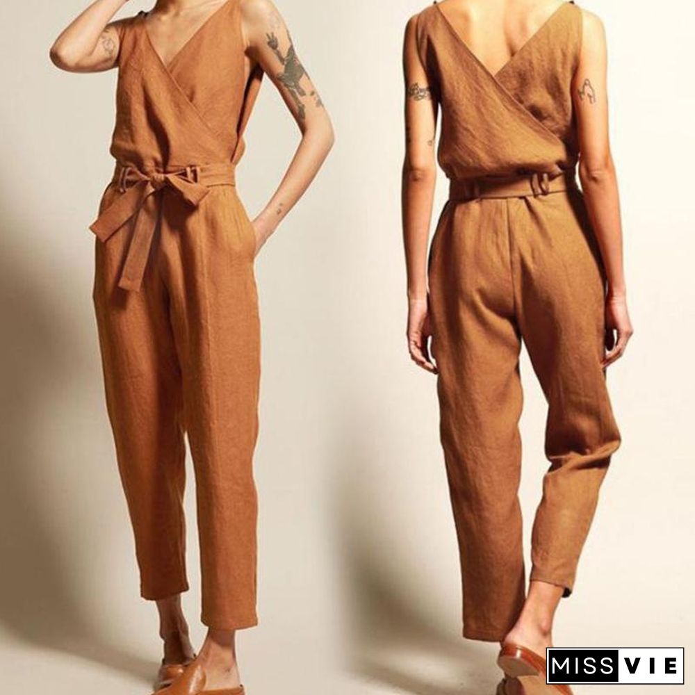 V-Neck Waistband Women's Casual Jumpsuit