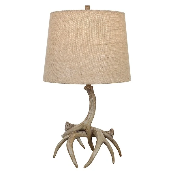 22 Inch Polyresin Table Lamp， Antlers， Burlap Shade， Beige