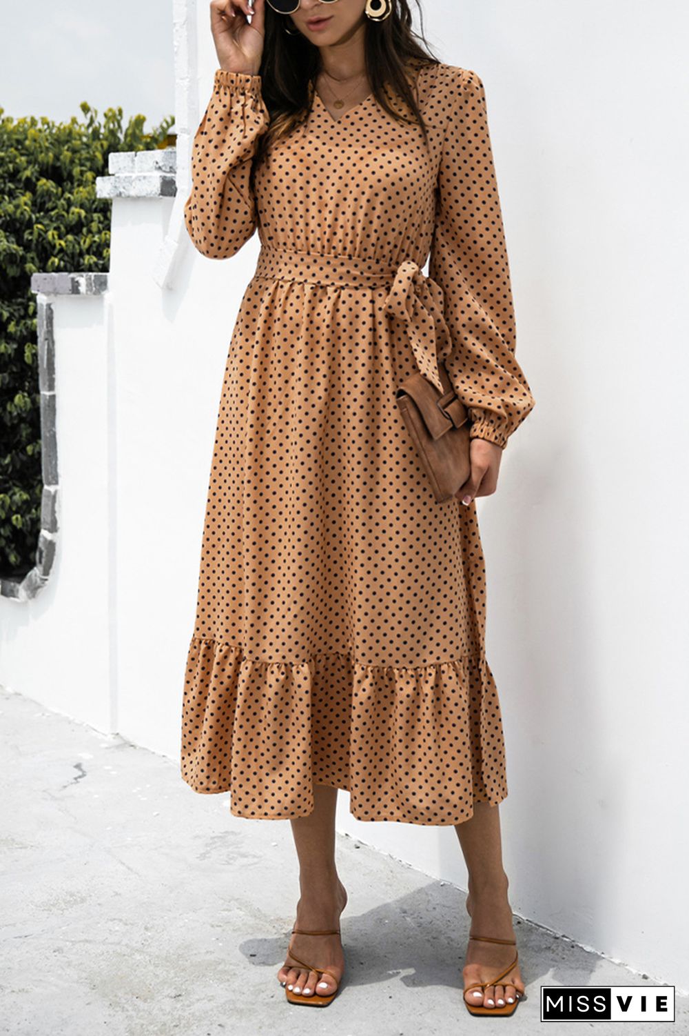 Dot Full Printed Longsleeves Split Lace-up Dress Wholesale