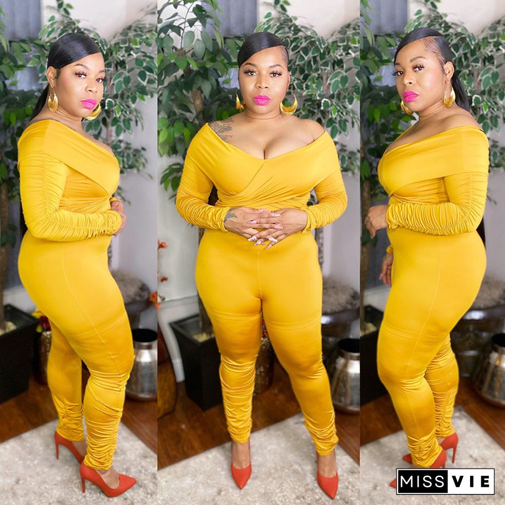 Sexy Plus Size Long Sleeve Off Shoulder Bodycon Jumpsuit