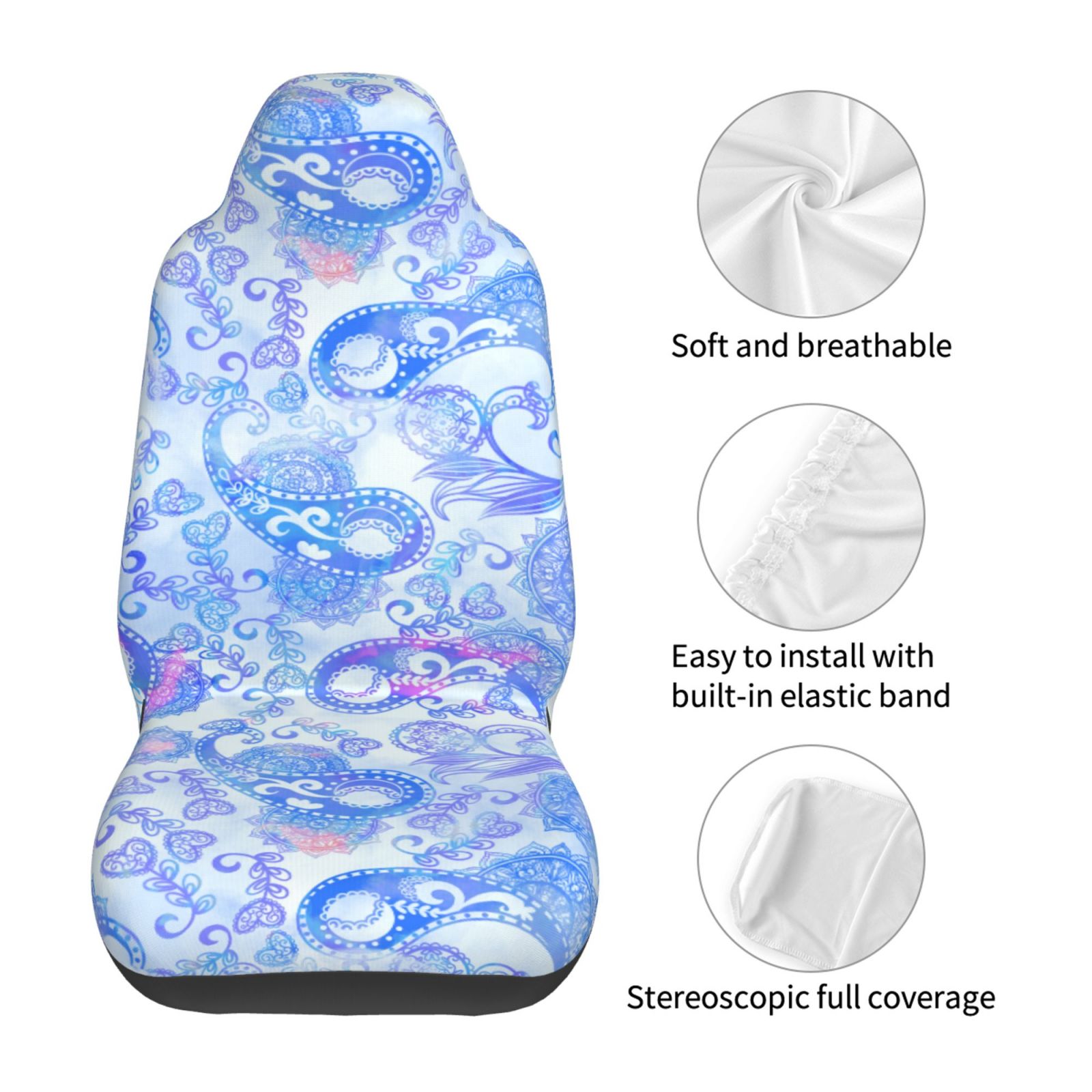 TEQUAN Front Seat Covers， Blue Watercolor Paisley Pattern 2 Piece Car Seat Cover Fit Most Car SUV Truck Van