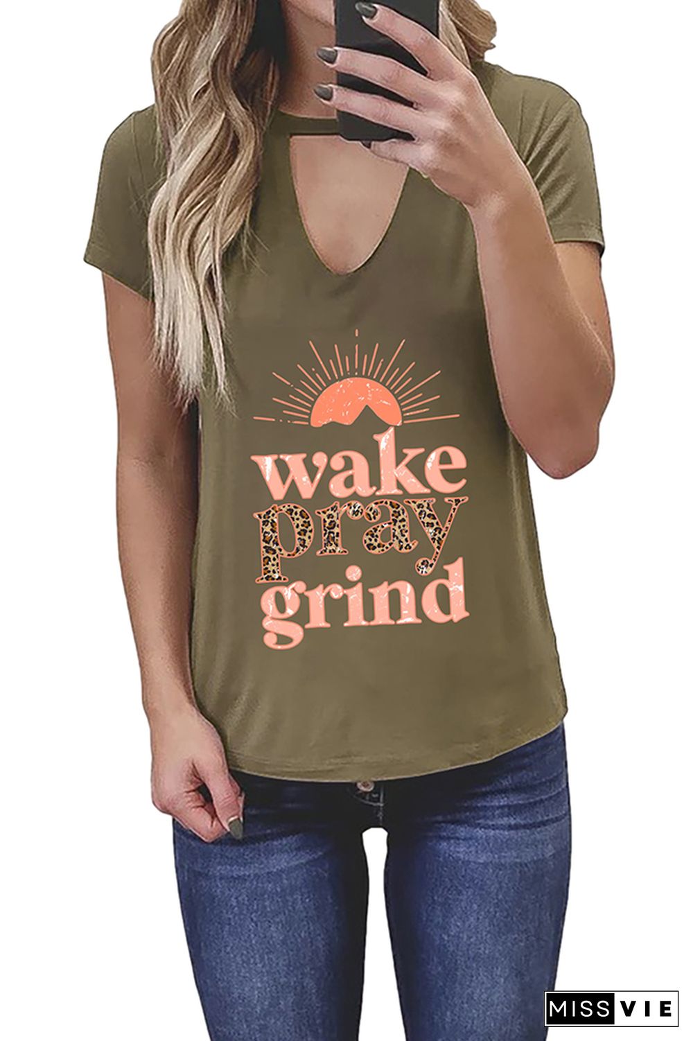 Wake Pray Grind Leopard Graphic Tees for Women Wholesale Short Sleeve T shirts Top