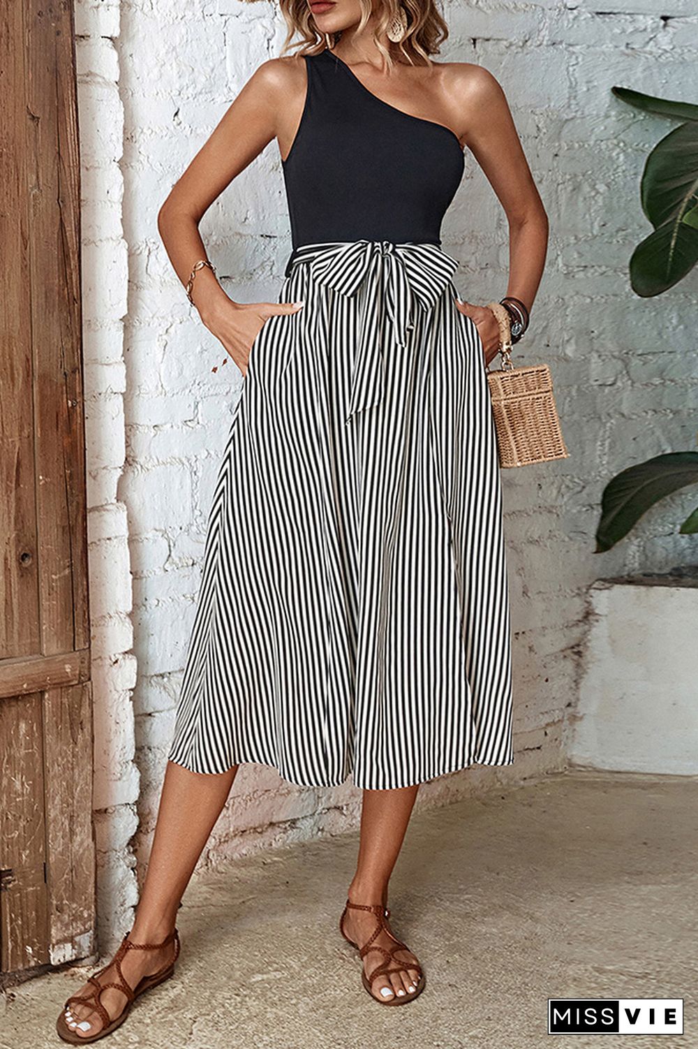 One Shoulder Striped Split Midi Dress