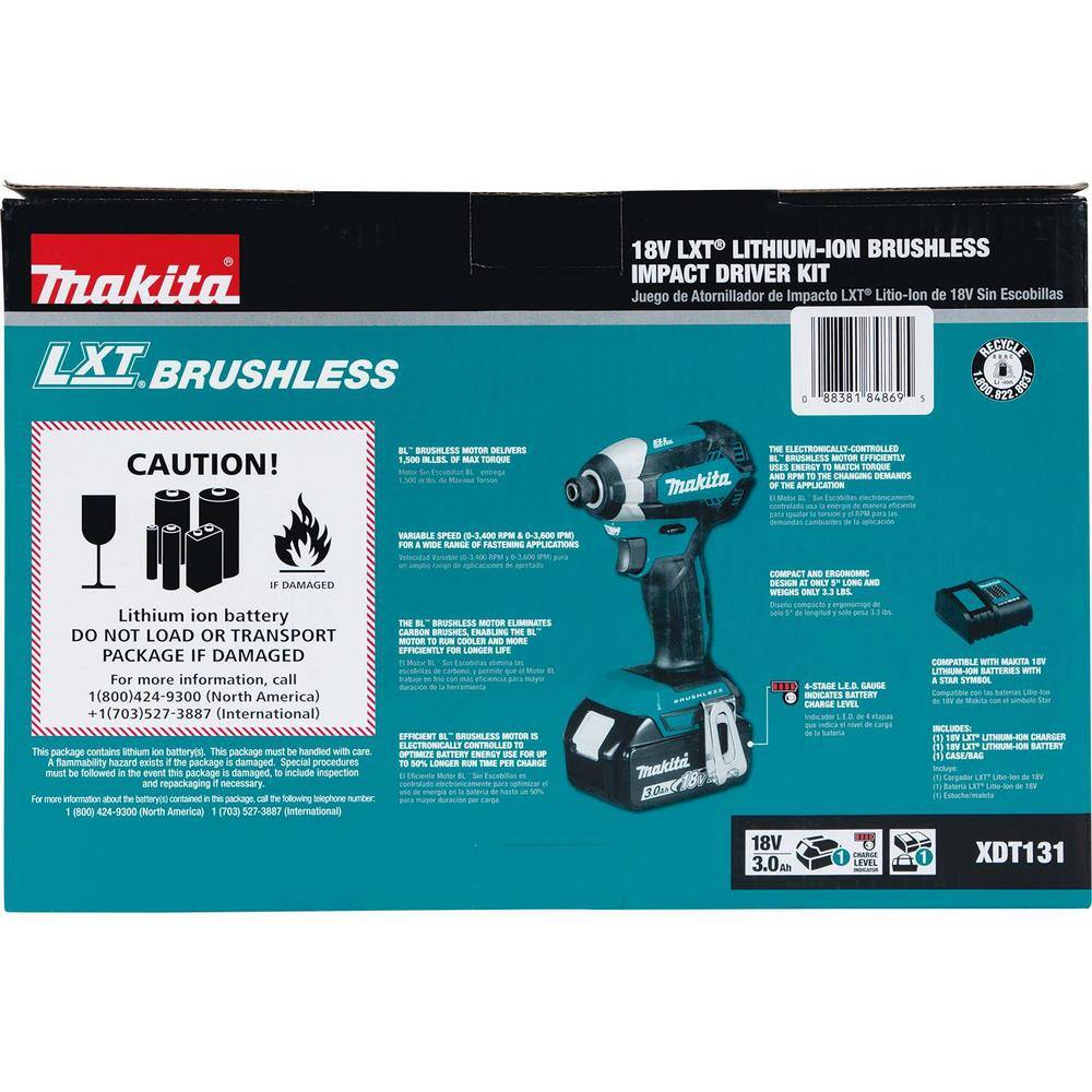 Makita 18V LXT Lithium-Ion Brushless Cordless Impact Driver Kit with (1) Battery 3.0Ah XDT131