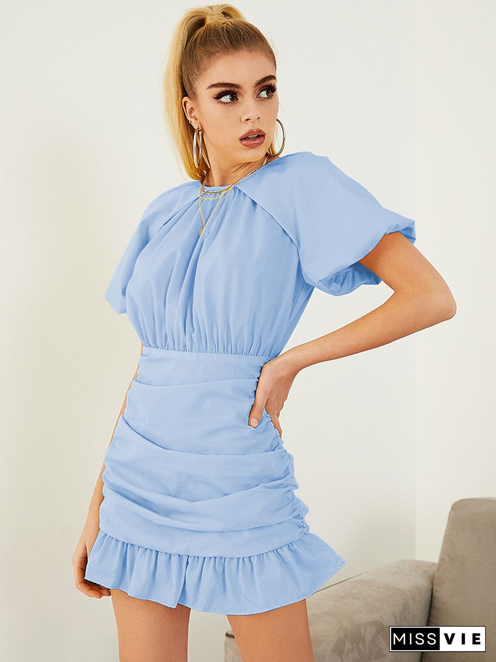 Solid Puff Sleeve Folds Ruffle Short Sleeve Casual Dress