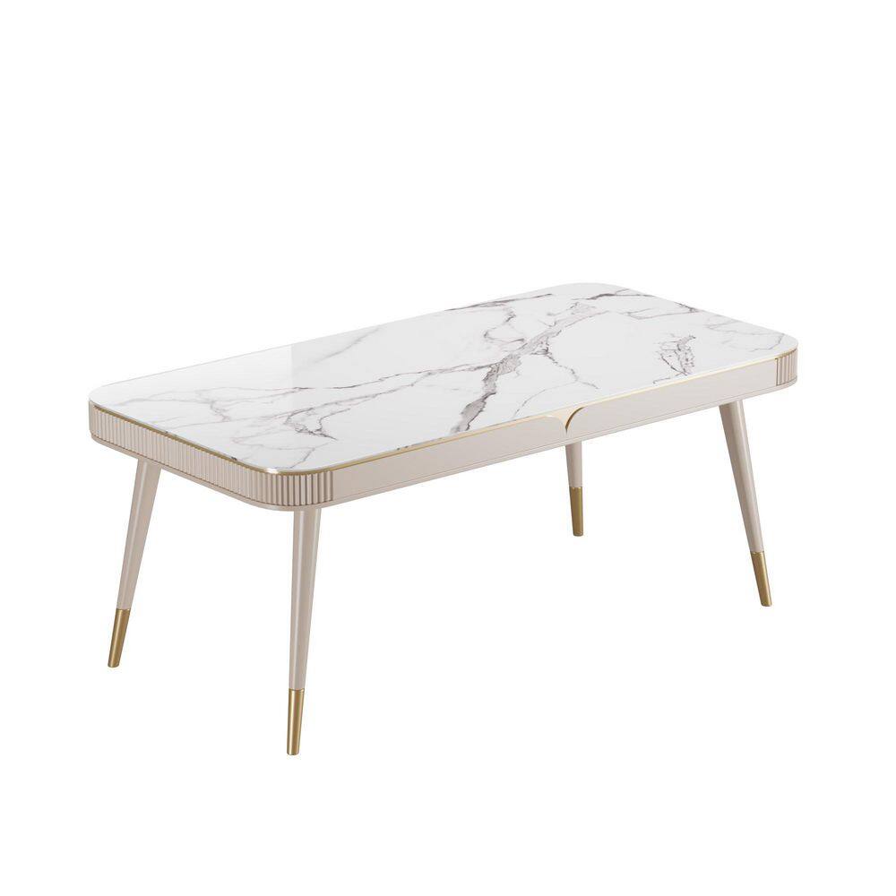 JASIWAY 63 in. Rectangle Beige Sintered Stone Top Dining Table with Solid Wood Legs (Seats 6) J-B2113T-BE