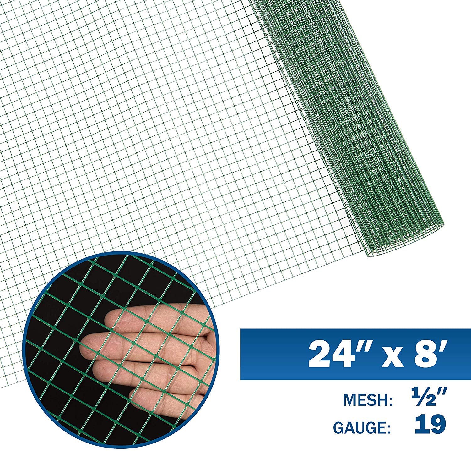 Fencer Wire 19 Gauge Green Vinyl Coated 1/2 Hardware Cloth Vegetables Garden Rabbit Fencing Snake Fence for Chicken Run Critters Gopher Racoons Opossum Rehab Cage Wire Window (24" x 96")