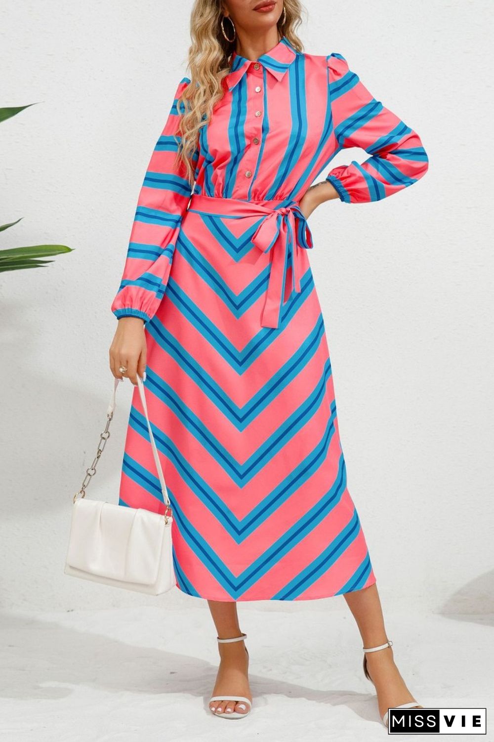 Blue Casual Striped Print Patchwork Turndown Collar Shirt Dress Dresses