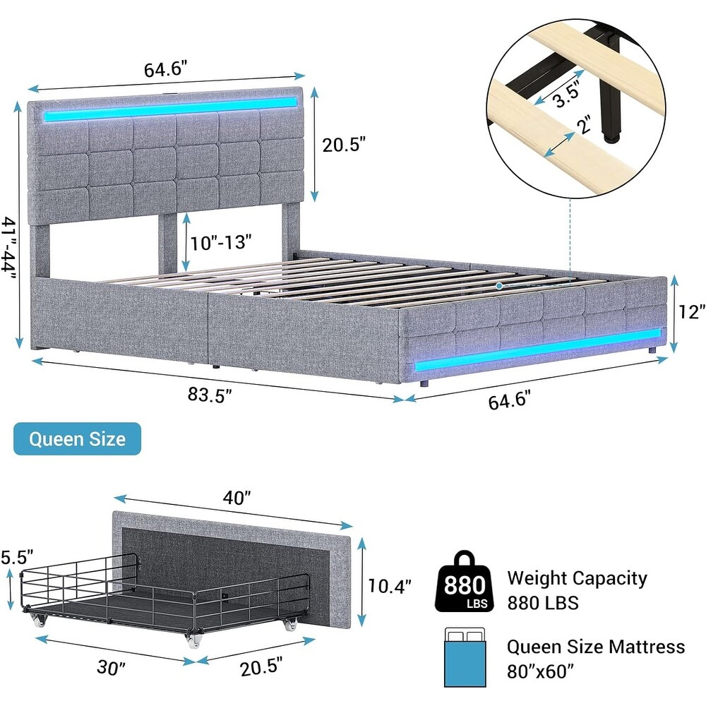 Queen Bed Frame with 2 USB Charging Station   LED Lights