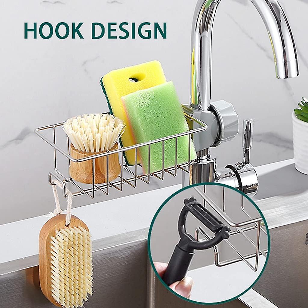 Kitchen Faucet Rack Sponge Holder Sink Caddy Organizer Hanging Caddy Drainer Rack Stainless Steel Storage Rack For Sponge，soap， Brush，towel Bathroom S