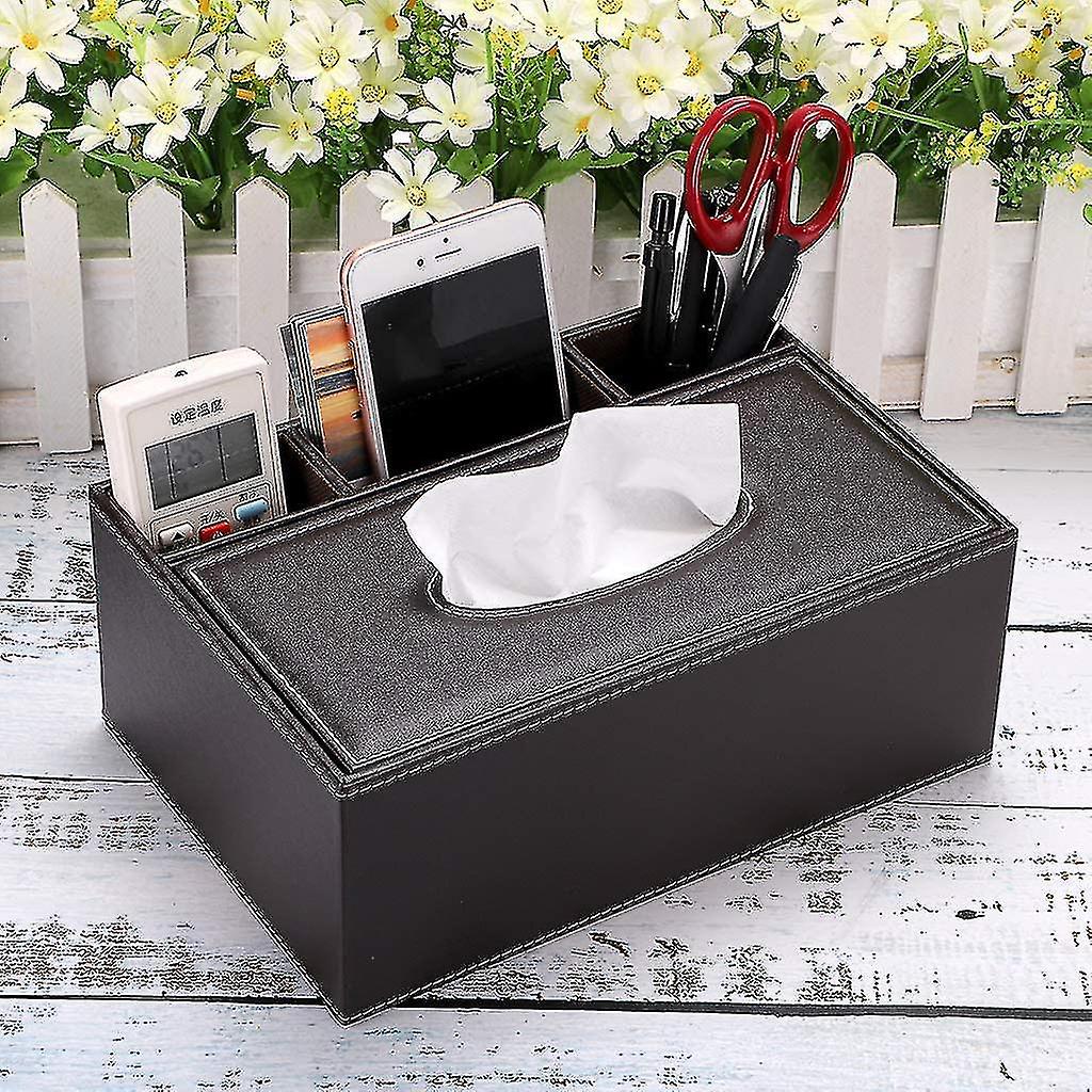 Rectangular Pu Leather Tissue Box Cover - Multifunctional Tissue Box Holder With Stationery Remote C