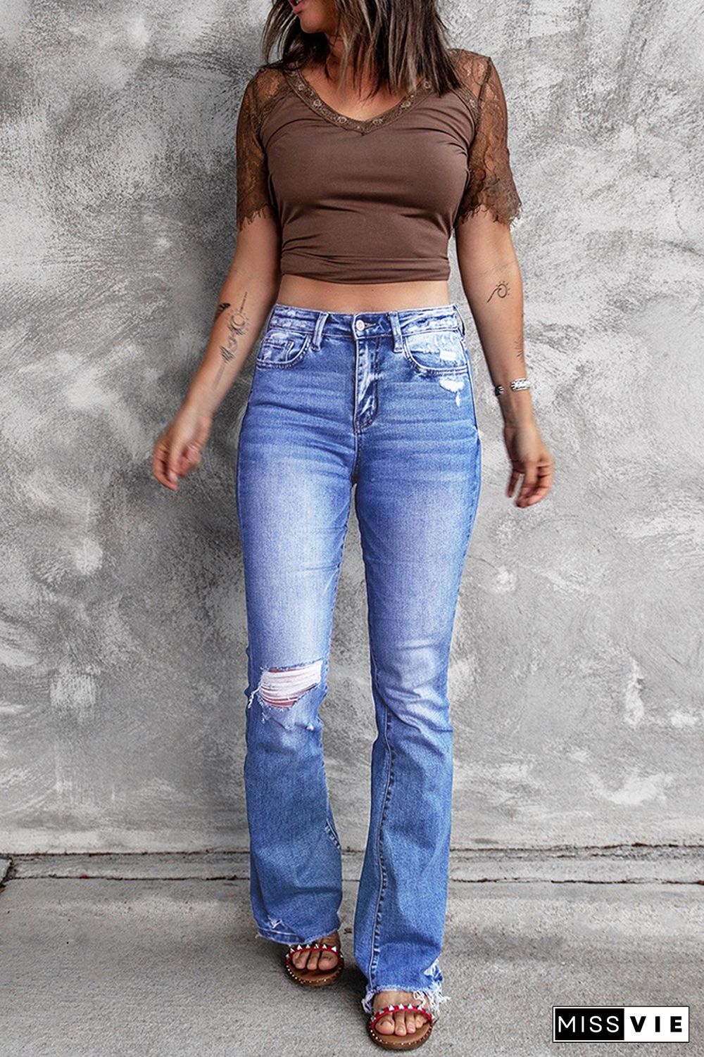 Blue Ripped jeans Flared Jeans Wholesale Boutique