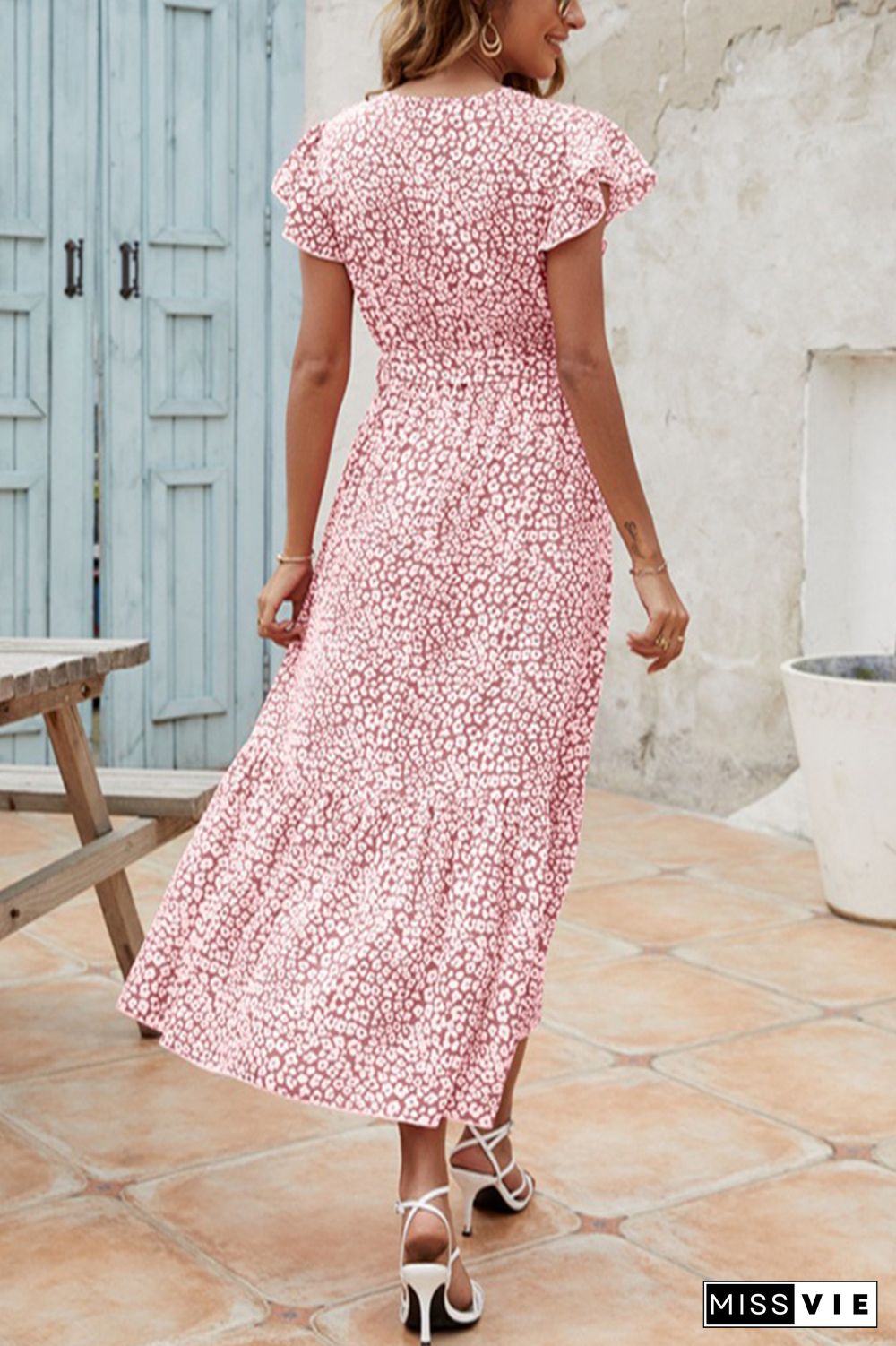 Floral Print Short Sleeve V Neck Long Dress Wholesale