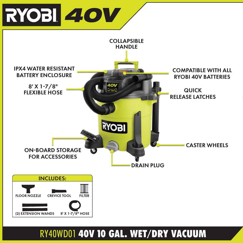 RYOBI 40V 10 Gal. Cordless WetDry Vacuum with 40V HP Brushless EZClean 600 PSI Power Cleaner 2.0 Ah Battery and Charger RY40WD01B-RY124052KVNM