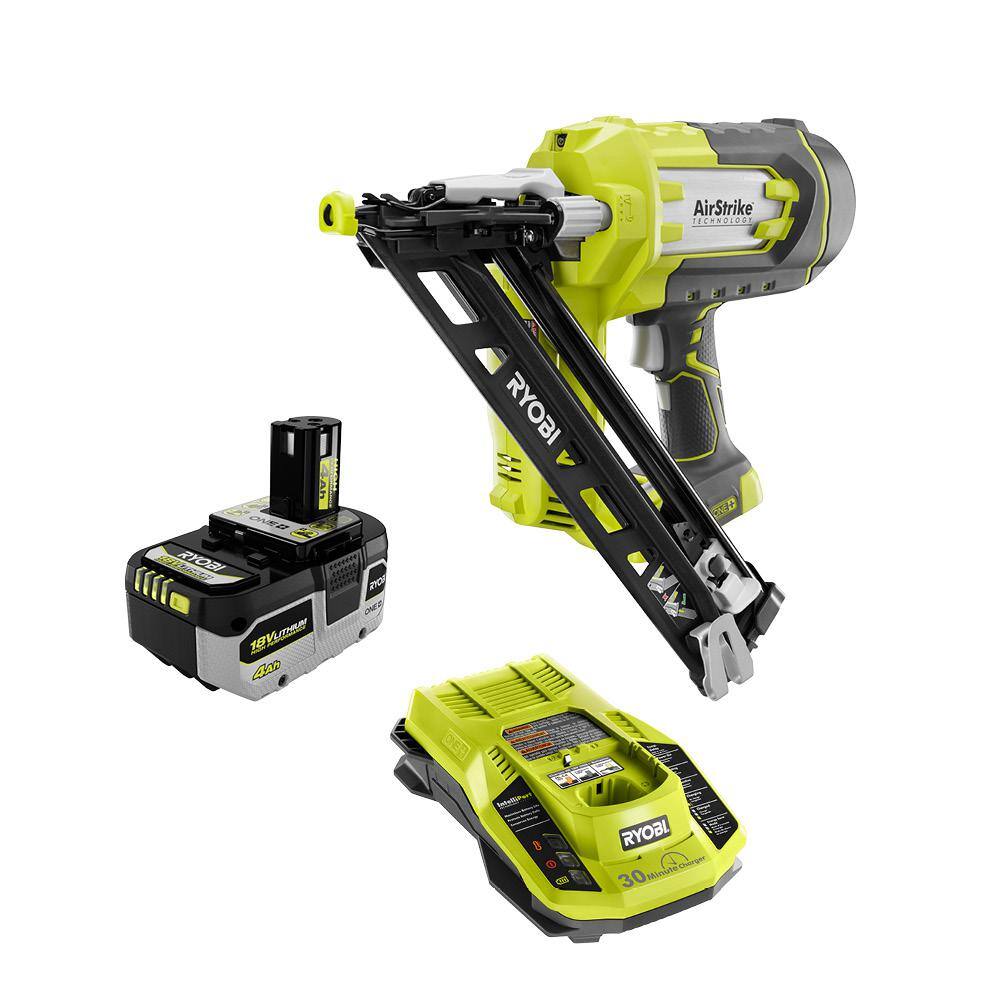 RYOBI ONE+ 18V Cordless AirStrike 15-Gauge Angled Finish Nailer with HIGH PERFORMANCE 4.0 Ah Battery and Charger Kit P330-PSK004