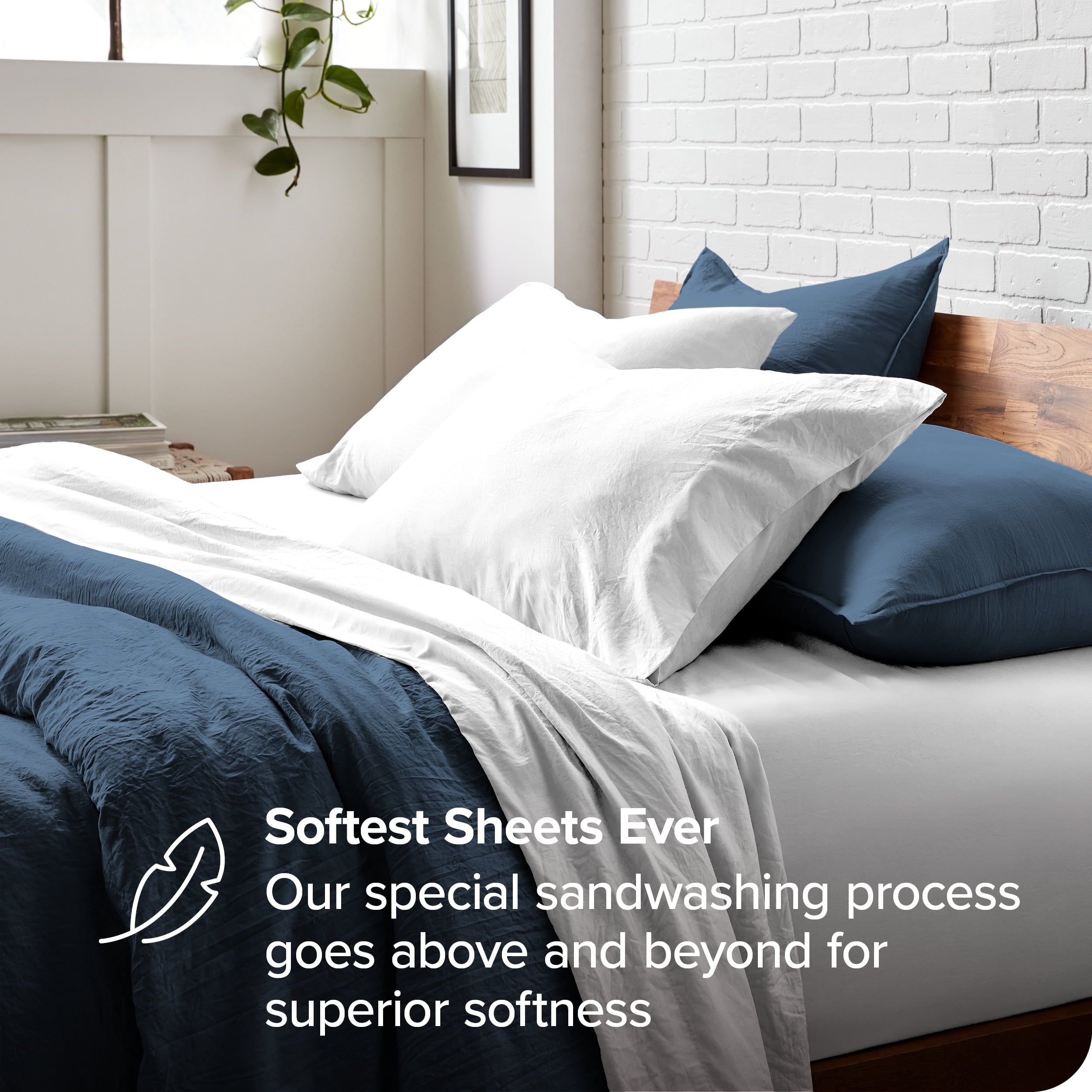 Bare Home Sandwashed Duvet Cover Set， 1800 Ultra-Soft Collection， Queen， Bering Sea， 3-Pieces