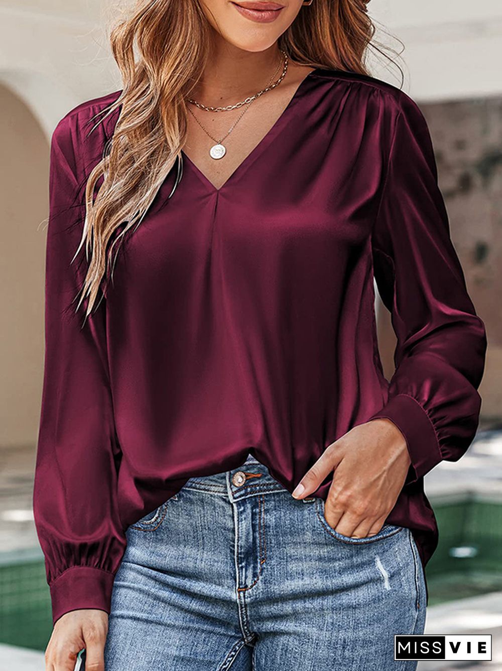 Loose Pleated Solid Color V-Neck Blouses&Shirts Tops