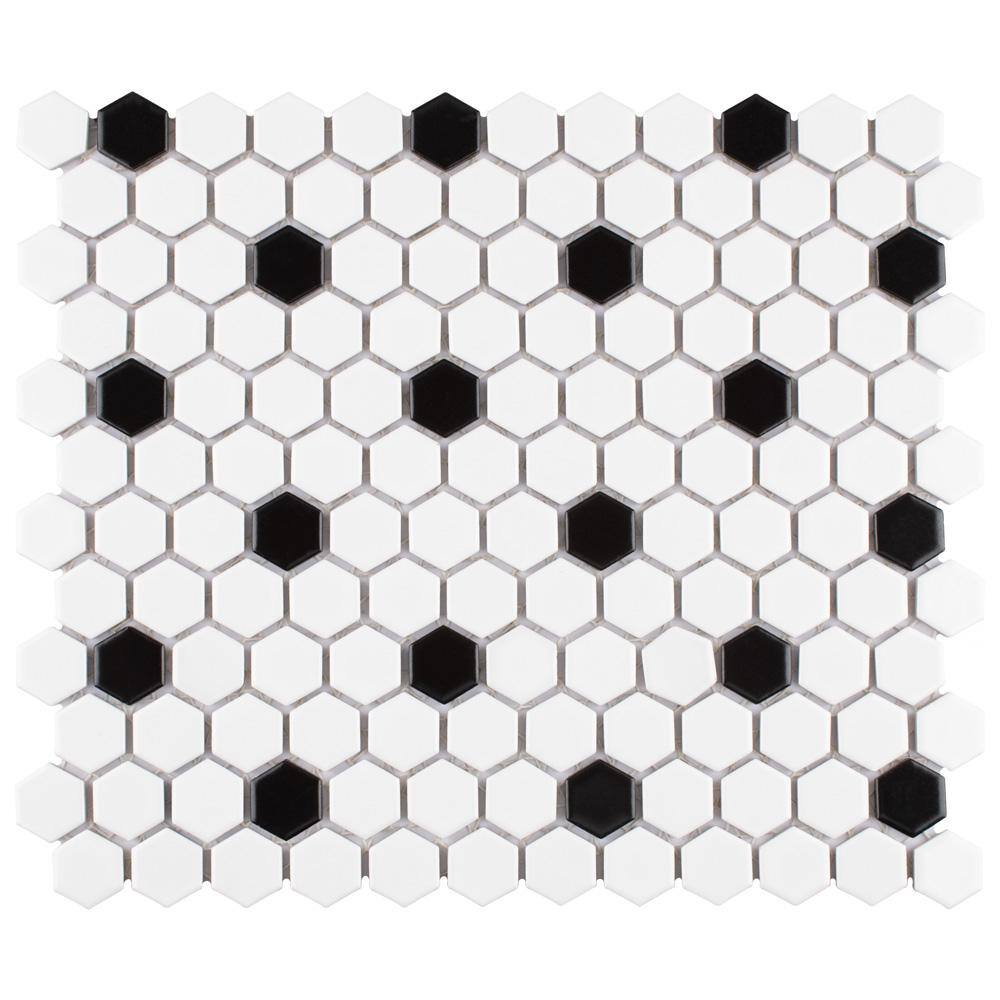 Merola Tile Madison Hex 1 in. Matte Cool White wBlack Dot 10-14 in. x 11-78 in. Porcelain Mosaic (8.6 sq. ft.Case) FTC1MMCWD