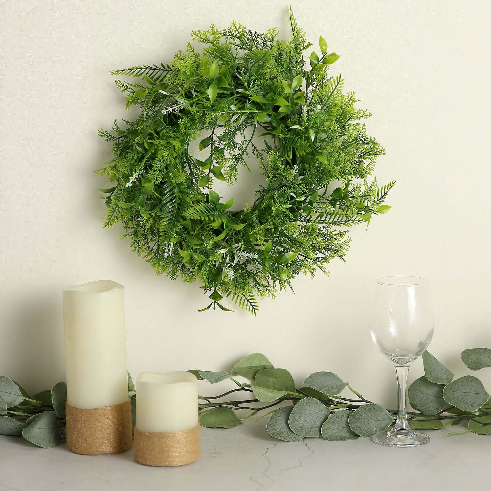 2 Pack Green Artificial Fern Leaf Mix Pillar Candle Ring Wreaths 4