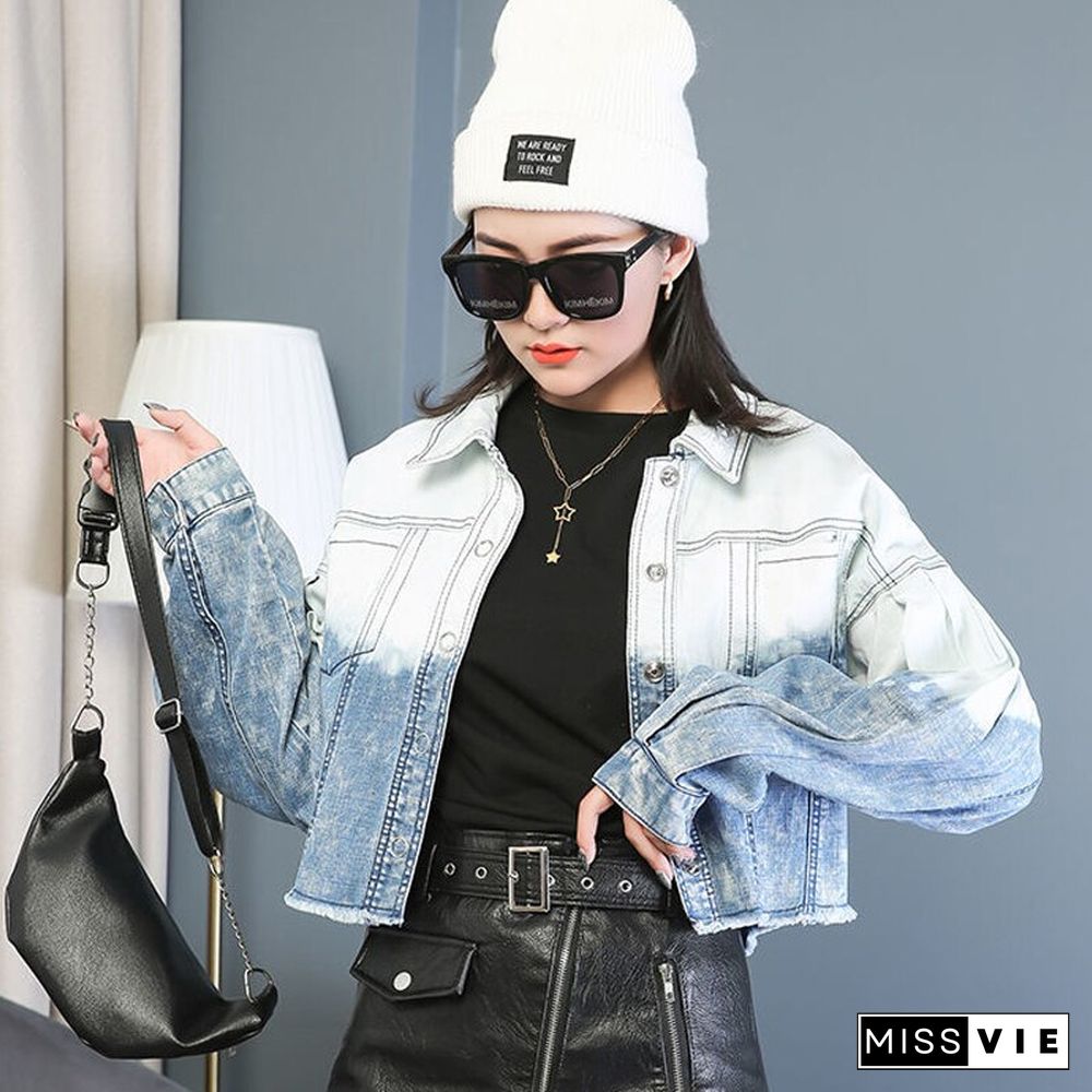 Spring Tie Dye Denim Cropped Jacket Women Casual Loose Jeans Jacket All Match Short Lady Coats Street Wear Korean New