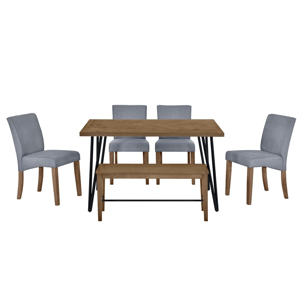 6 Piece Rectangular Dining Table Set w/Upholstered Chairs   Bench