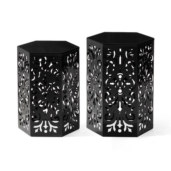 Glitzhome Set of 2 Iron Floral Pattern Outdoor Table Garden Stool