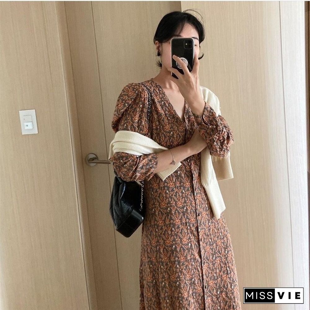 Retro Sweet Floral Print V-Neck Dress National Trendy All-Match Casual Fashion Dress New Spring Outgoing Dress Women Robe