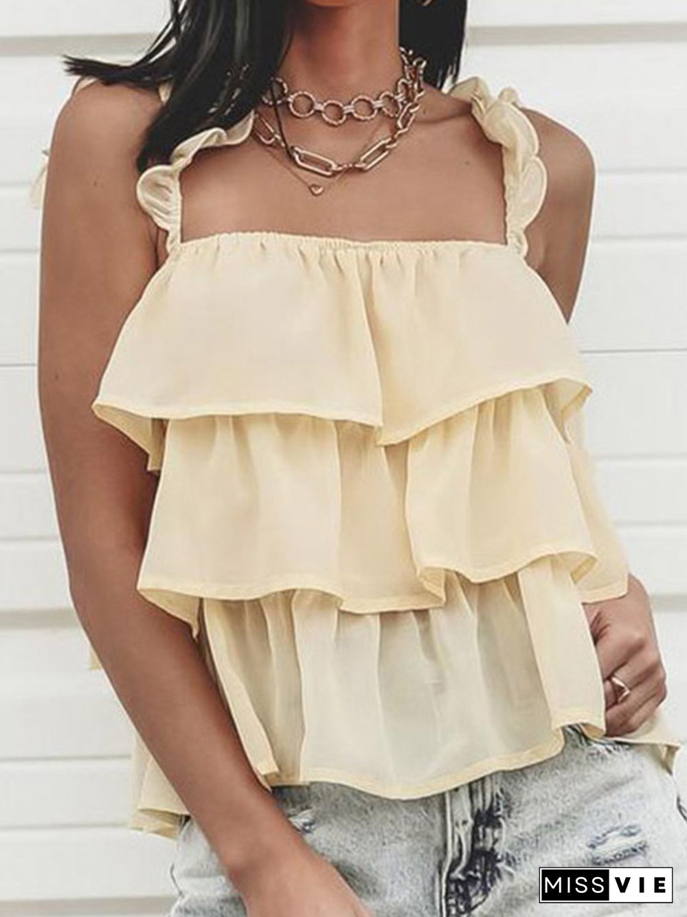 Vintage Plain Ruffled Plus Size Sleeveless Casual Tops