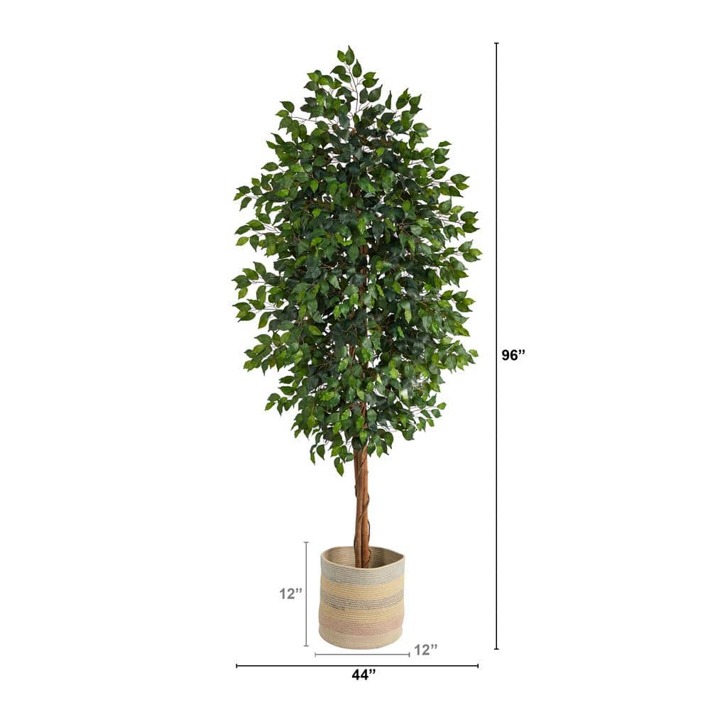 Nearly Natural 8 ft. Green Ficus Artificial Tree with Handmade Natural Cotton Multicolored Woven Planter T2904