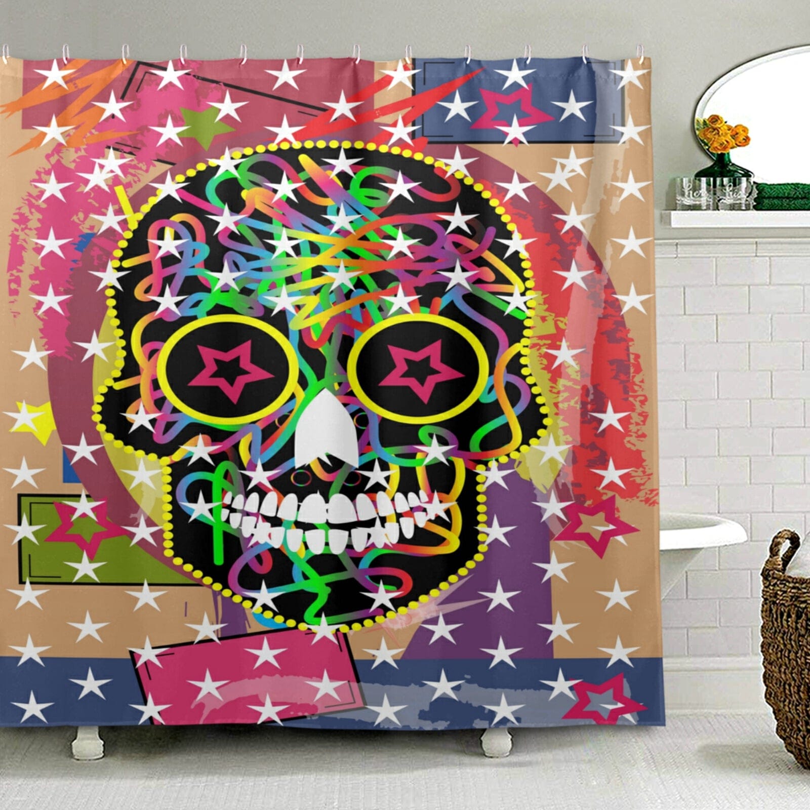 Mexican Skull Stars Colorful Shower Curtain With 12 Hooks