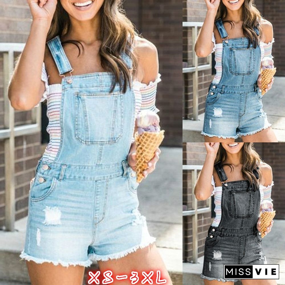 Women Fashion Denim Jumpsuit Summer Solid Color Ripped Jeans Romper Shorts Female Raw Edge Hem Trendy Overalls Denim Bib Pants Plus Size XS-3XL