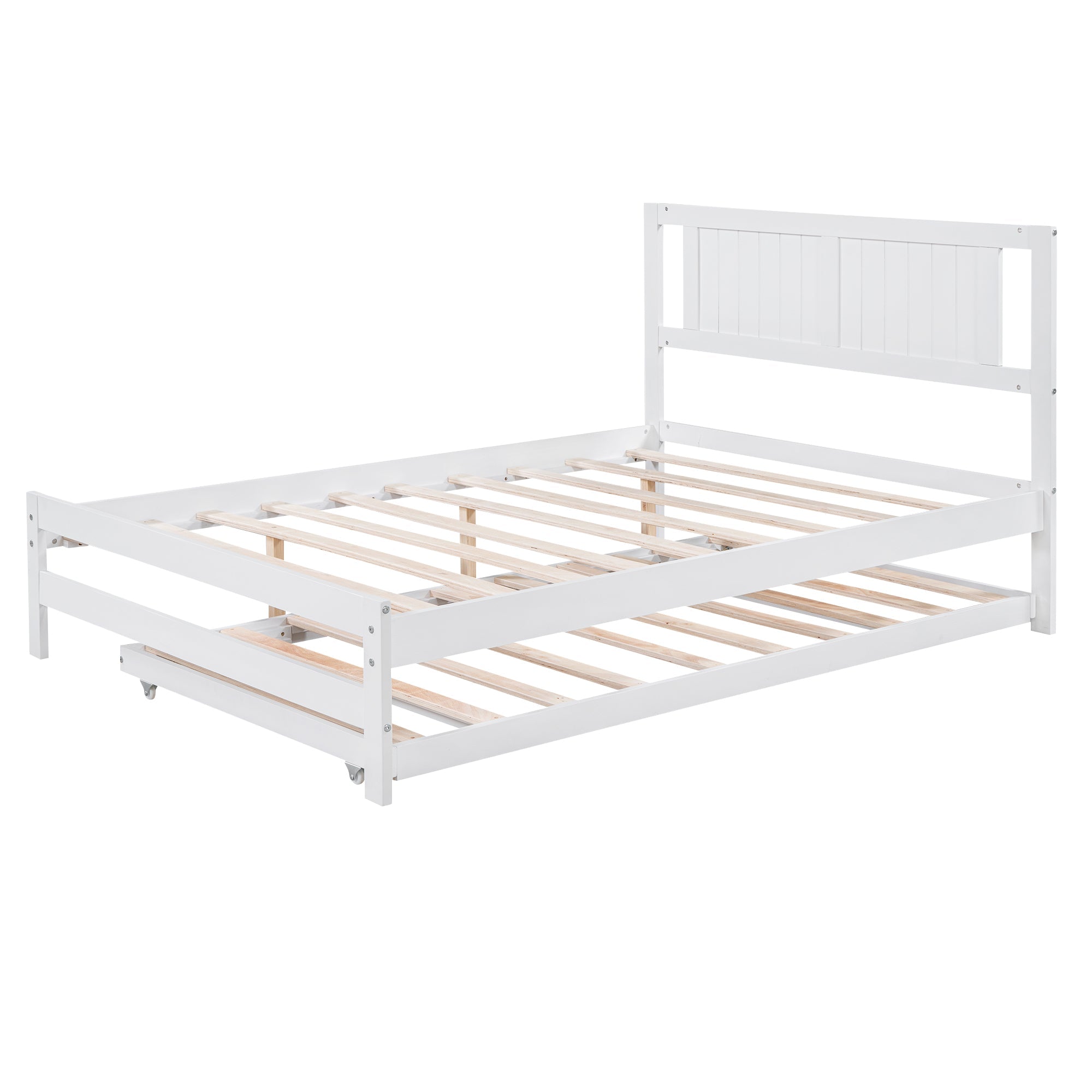 Platform Bed with Trundle Frame Set, Wooden Bed Frame with Headboard for Bedroom for Kids, White