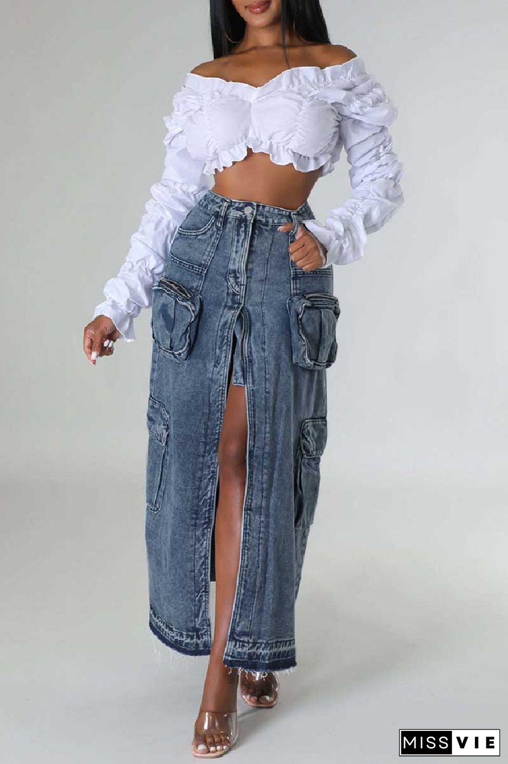 Deep Blue Casual Solid Patchwork Slit High Waist Regular Denim Skirts