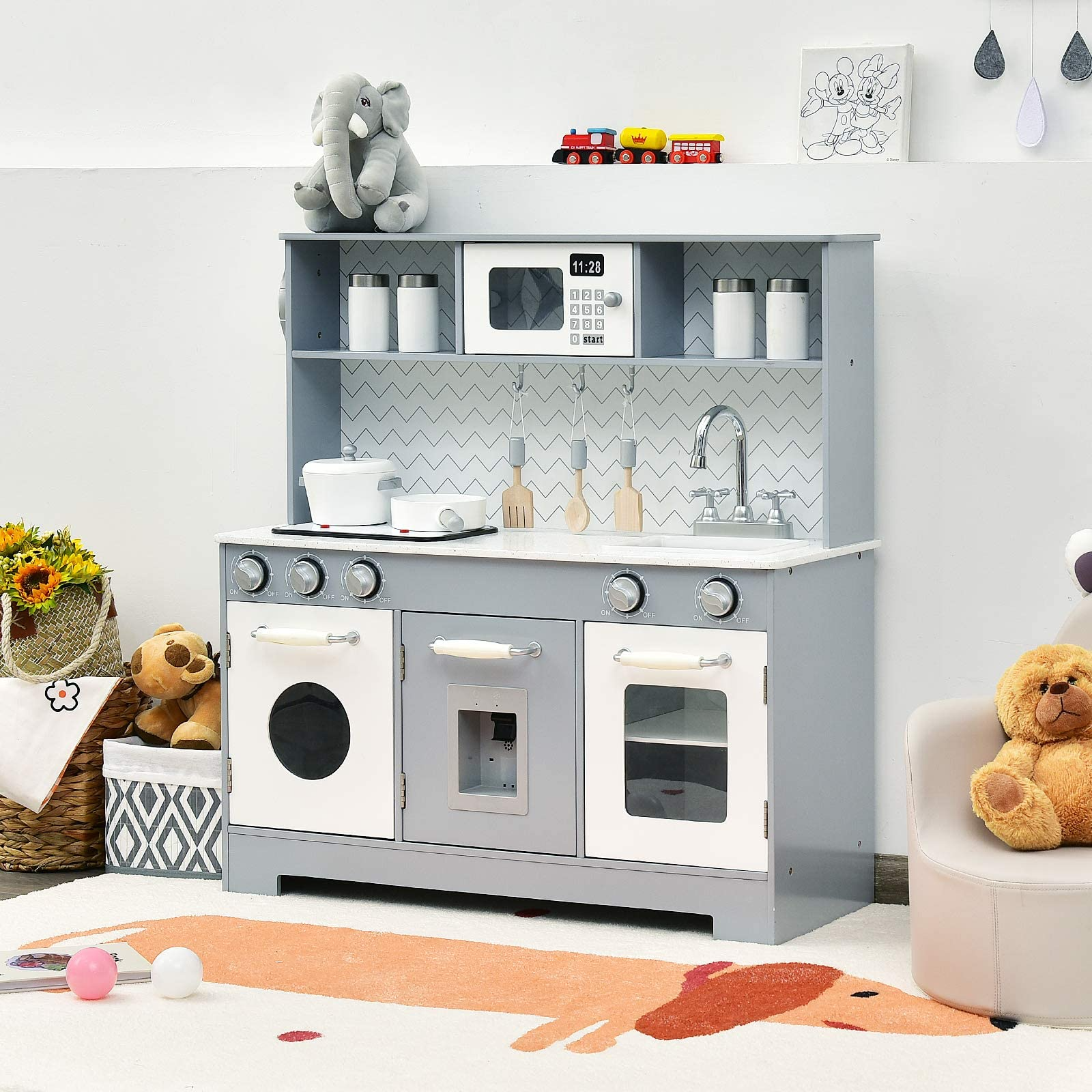 Costzon Kids Kitchen Playset, Wooden Pretend Cooking Playset w/ Stove, Fridge, Microwave, Removable Sink