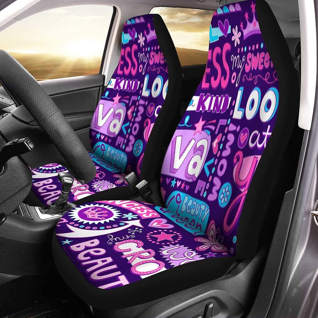 Set Of 2 Car Seat Covers Princess Fairy Tale Diva Word Doodles Lettering Tiara Crown Universal Auto Front Seats Protector Fits