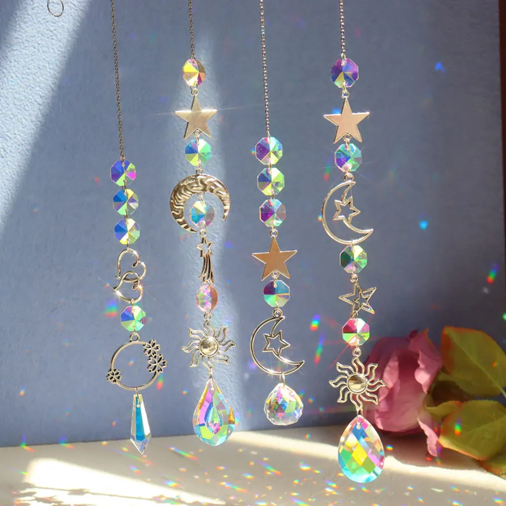 Metal Healing Crystal Prism Chaser Glass Windchime Moon Star Sun Ball Light Catchers Pendants Ornament Crafts Decor