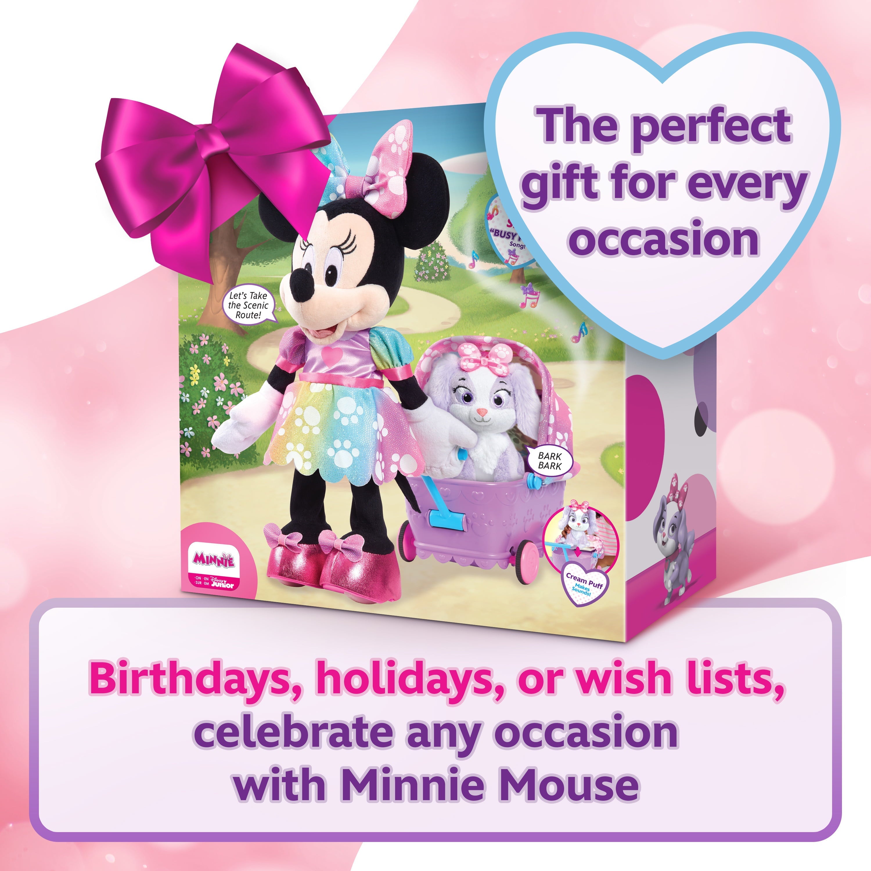 Disney Junior Minnie Mouse Waggin’ Wagon Lights and Sounds Feature Plush, Officially Licensed Kids Toys for Ages 3 Up, Gifts and Presents