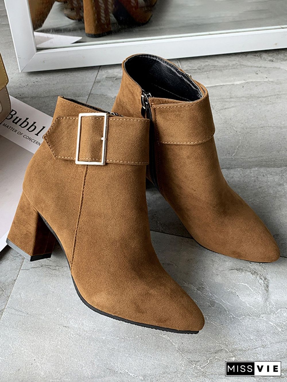 Chunky Heel Buckle Pointed-Toe Suede Martin Boots