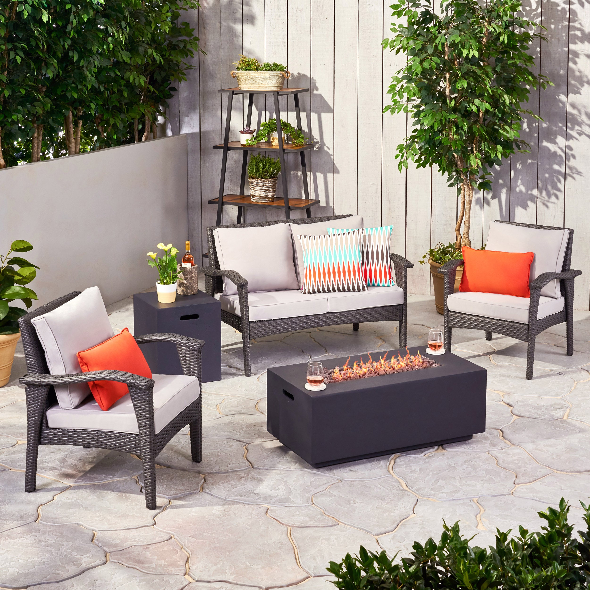 Mckynzie Outdoor 4 Seater Wicker Chat Set with Fire Pit