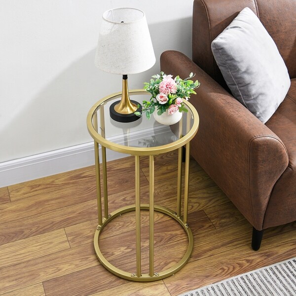 Gold Glass End Table with Metal Frame Round Side Table