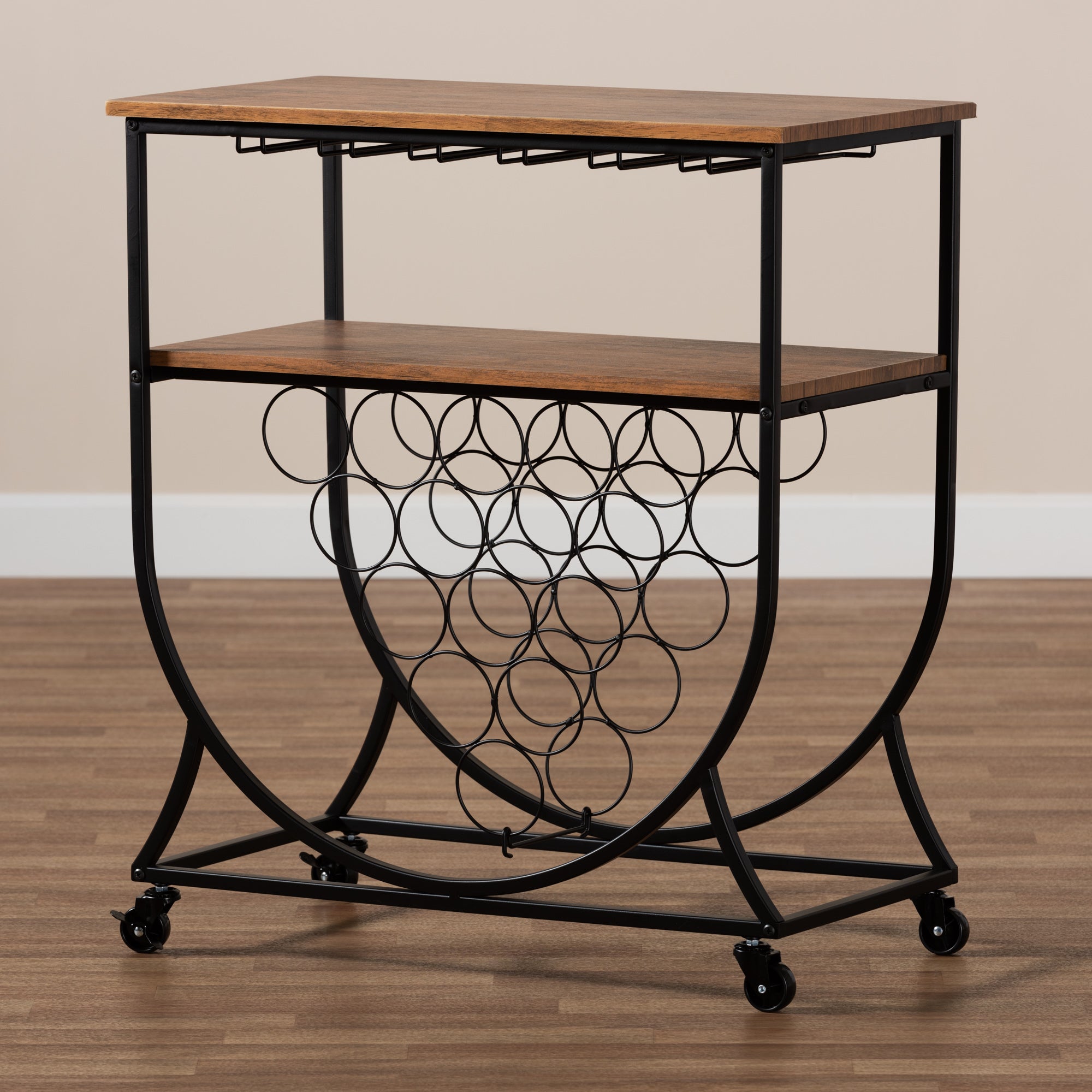 Baxton Studio Dania Antique Vintage Industrial Black Metal and Walnut Finished Wood Mobile Wine Bar Cart