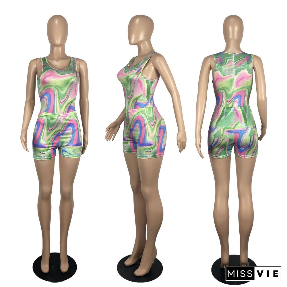 Sexy Tie Dye Print Sleeveless Vest Top Skinny Shorts Summer Party Club Womens Clothes Two Piece Set