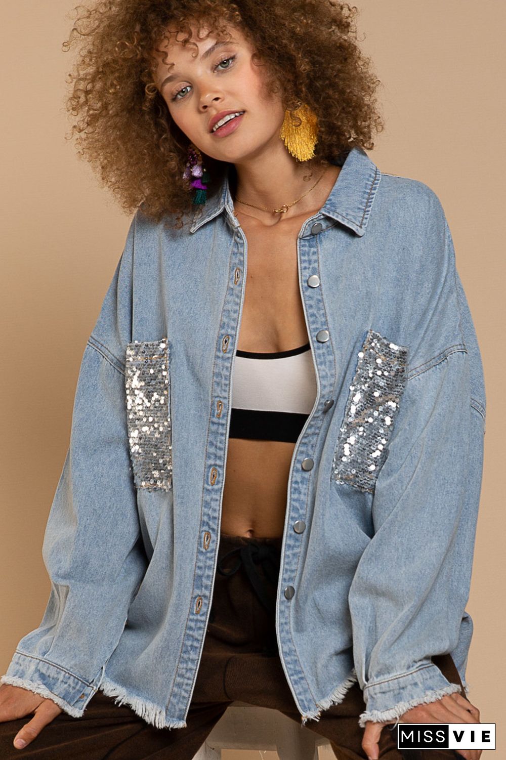 Sequin Pockets Open Button Denim Jackets