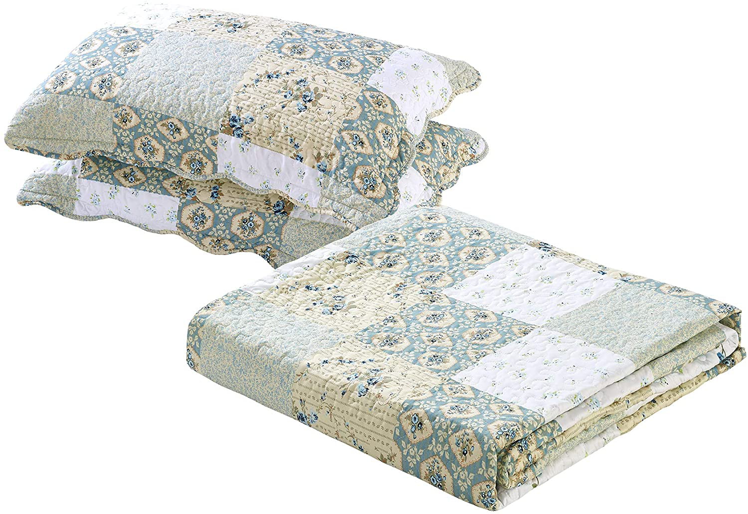 All American Collection New Reversible 3pc Floral Printed Patchwork Blue/Green Bedspread/Quilt Set