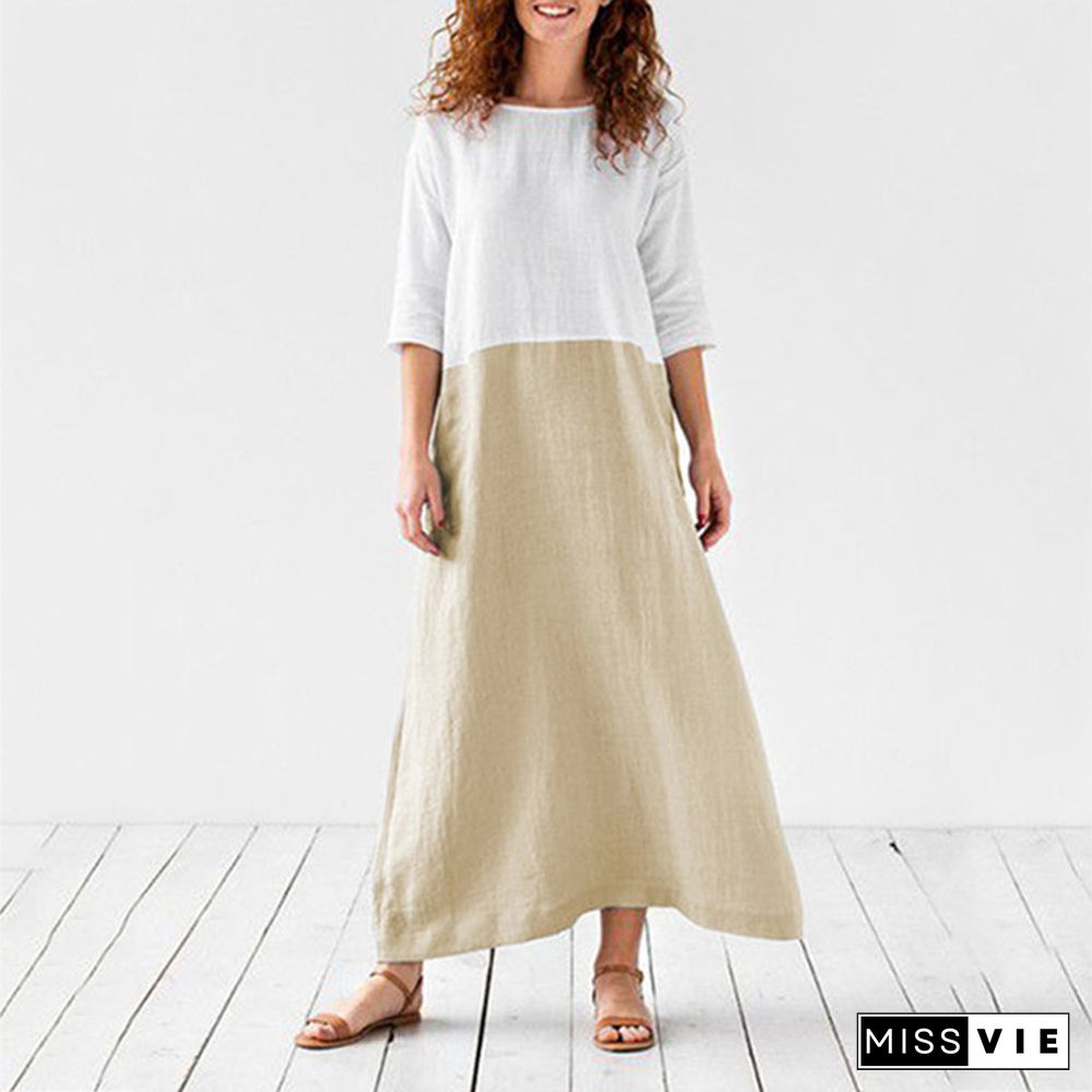 Loose Solid Cotton Linen Patchwork Dress Round Neck Seven Sleeve Skirt